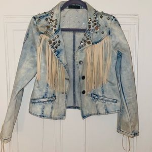 Studded denim jacket with fringe